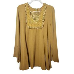 Free People Gold Mini‎ Dress Split Cuffs Lace Ruffle Sm Boho 60s 70s  Academia